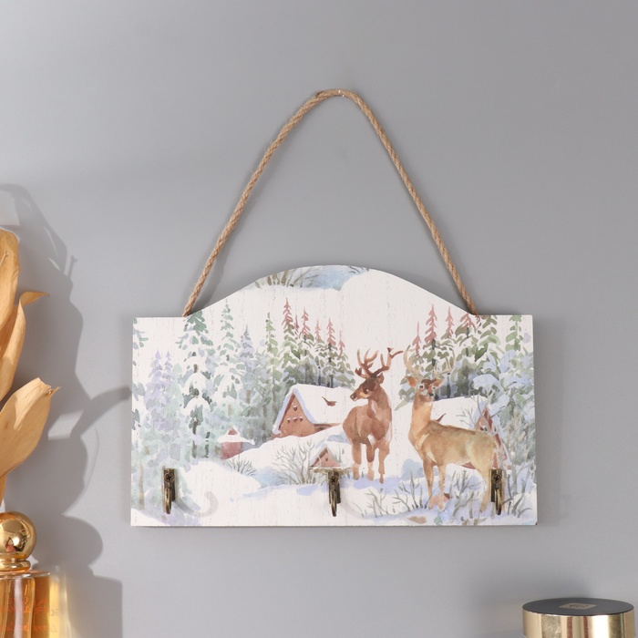 Настенные крючки декоративные «Олени у заснеженного домика», дерево, 23×15 см