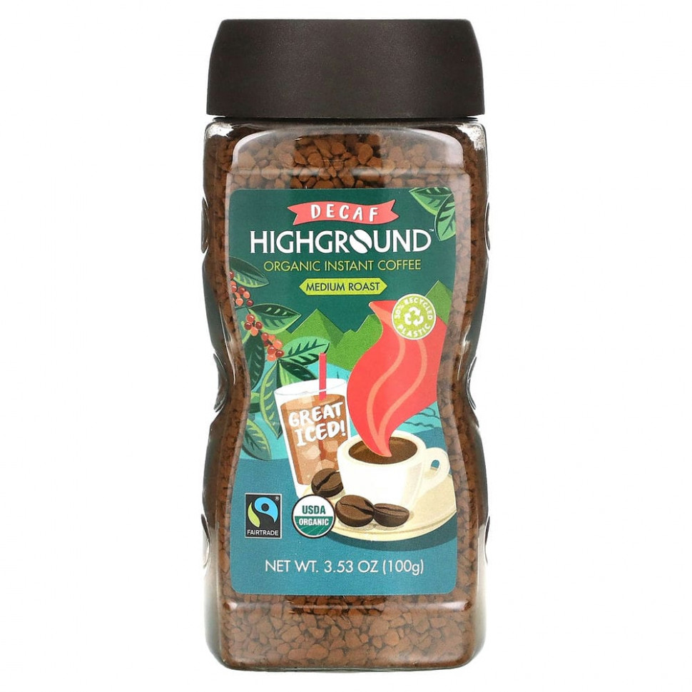 Highground Coffee, Органический растворимый кофе, средней обжарки, без кофеина, 100 г (3,53 унции)